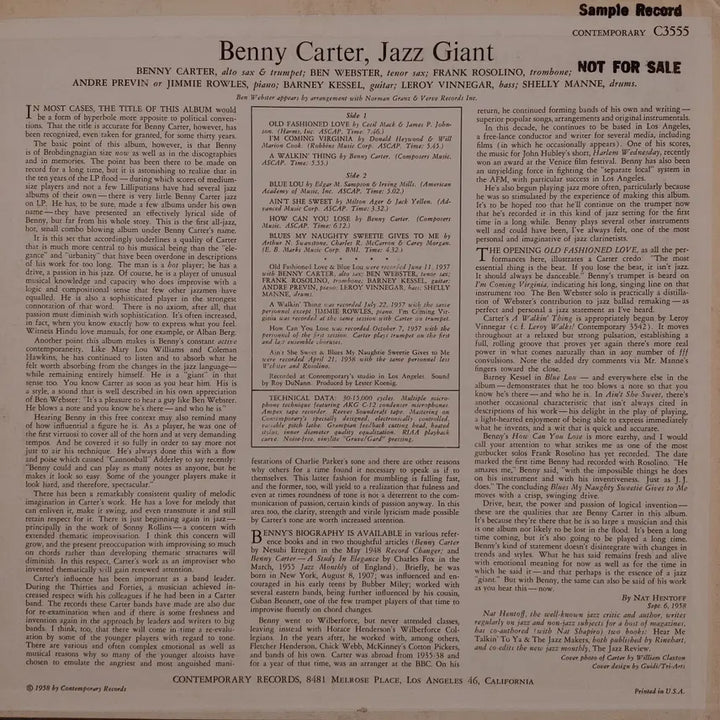 [BUNJANG] Benny Carter Original Jazz LP / ORIGINAL JAZZ LP - BENNY CARTER