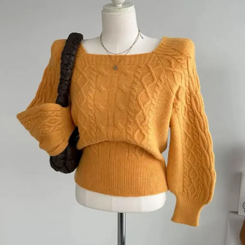 [BUNJANG] Ablly Yellow Square Neck Knit Top / 꽈배기 스퀘어넥 니트 옐로우 퍼프 긴팔 에이블리 봄니트