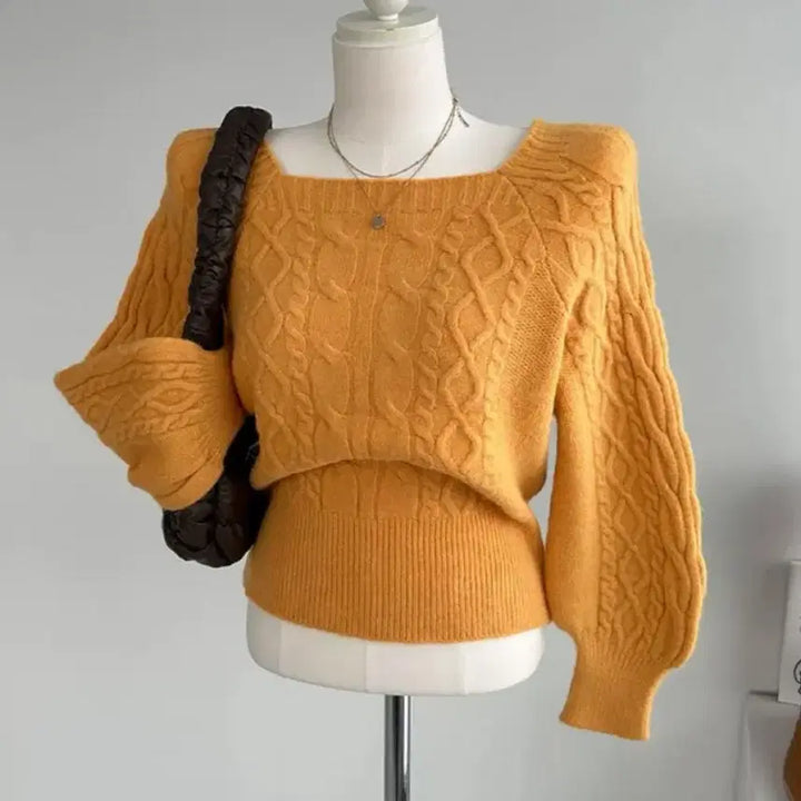 [BUNJANG] Ablly Yellow Square Neck Knit Top / 꽈배기 스퀘어넥 니트 옐로우 퍼프 긴팔 에이블리 봄니트