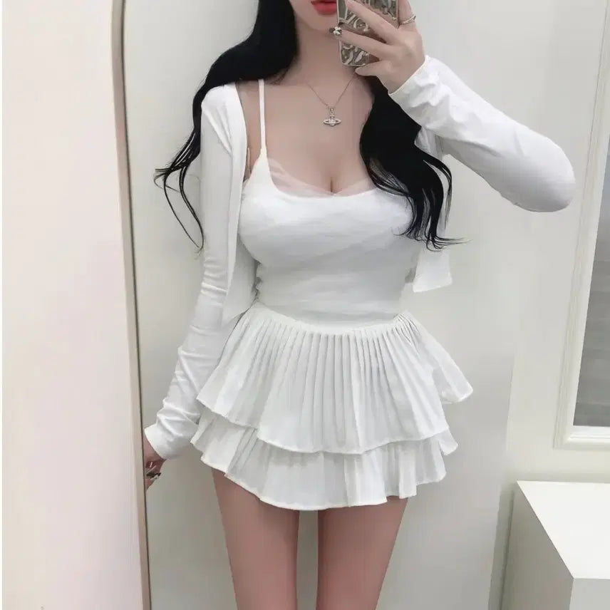 [BUNJANG] Lace Shirring Camisole + Cardigan Set White / 레이스 셔링 나시+가디건 set
