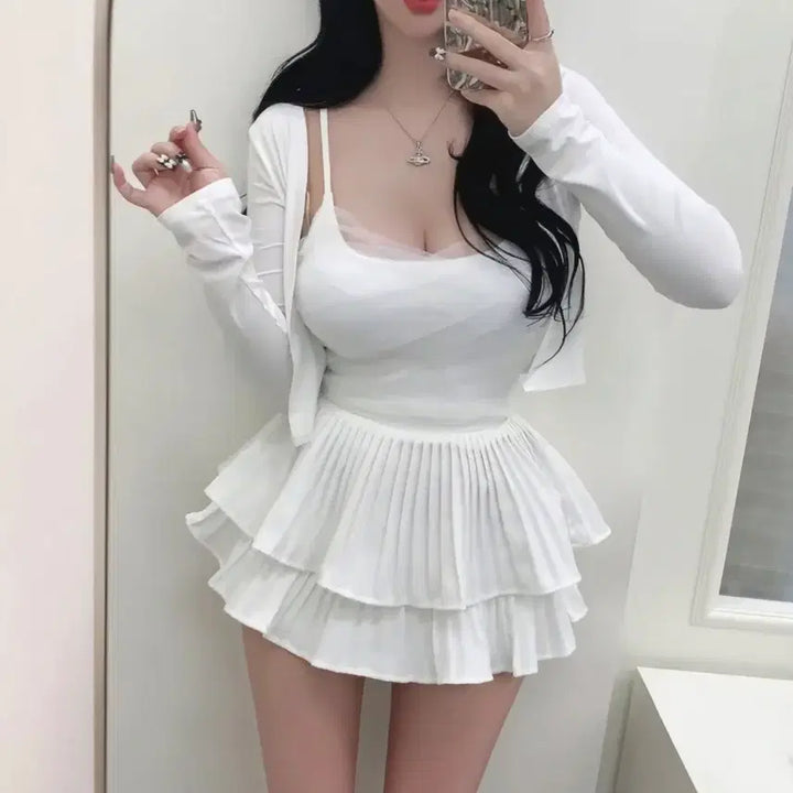 [BUNJANG] Lace Shirring Camisole + Cardigan Set White / 레이스 셔링 나시+가디건 set