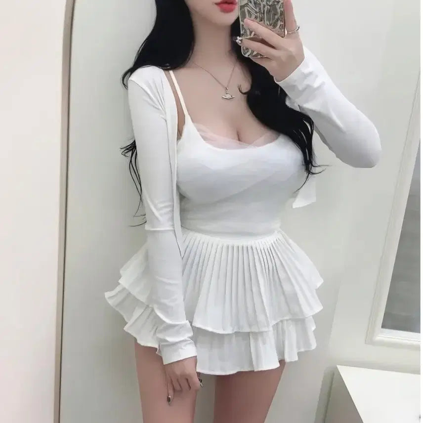 [BUNJANG] Lace Shirring Camisole + Cardigan Set White / 레이스 셔링 나시+가디건 set