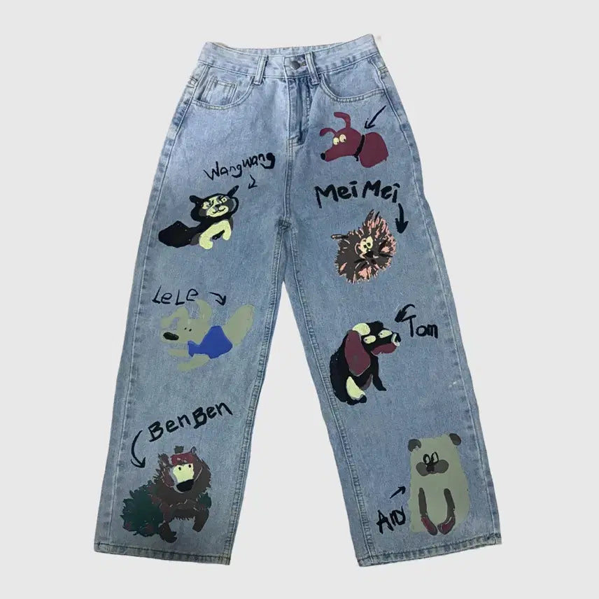 [BUNJANG] Dog Pattern Denim Pants / 강아지패턴 데님 ; 하라주쿠 모리걸 그런지룩 y2k 핀터깔