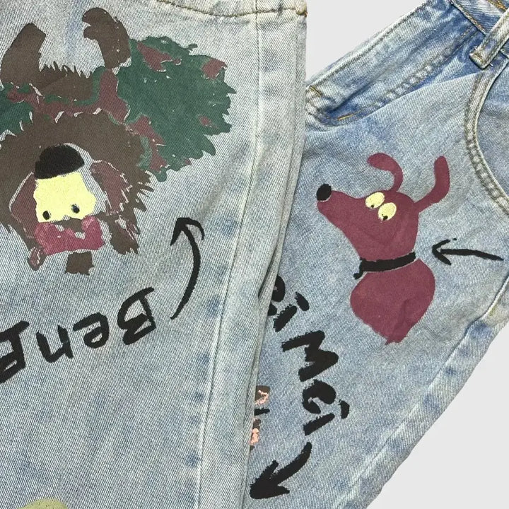 [BUNJANG] Dog Pattern Denim Pants / 강아지패턴 데님 ; 하라주쿠 모리걸 그런지룩 y2k 핀터깔