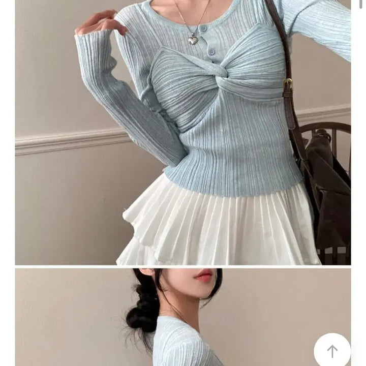[BUNJANG] Leesumday Knit Shirred Long Sleeve Top / 리썸데이 니트 꼬임 셔링 긴팔티 하늘색