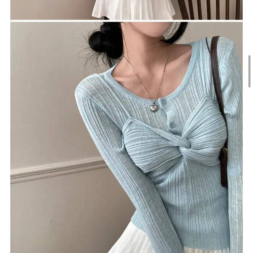 [BUNJANG] Leesumday Knit Shirred Long Sleeve Top / 리썸데이 니트 꼬임 셔링 긴팔티 하늘색