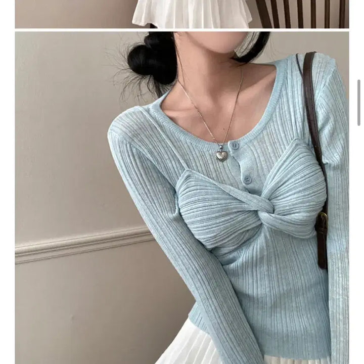[BUNJANG] Leesumday Knit Shirred Long Sleeve Top / 리썸데이 니트 꼬임 셔링 긴팔티 하늘색