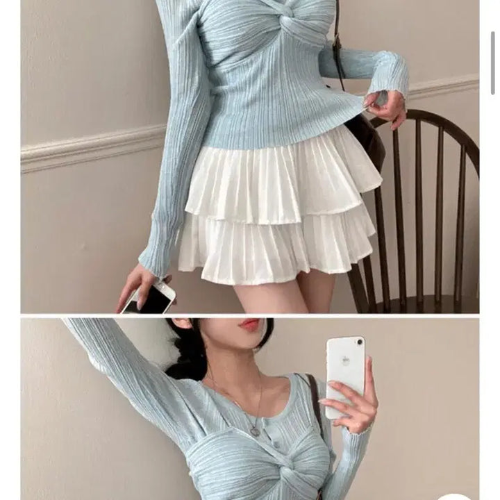 [BUNJANG] Leesumday Knit Shirred Long Sleeve Top / 리썸데이 니트 꼬임 셔링 긴팔티 하늘색