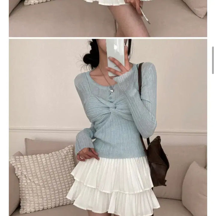 [BUNJANG] Leesumday Knit Shirred Long Sleeve Top / 리썸데이 니트 꼬임 셔링 긴팔티 하늘색