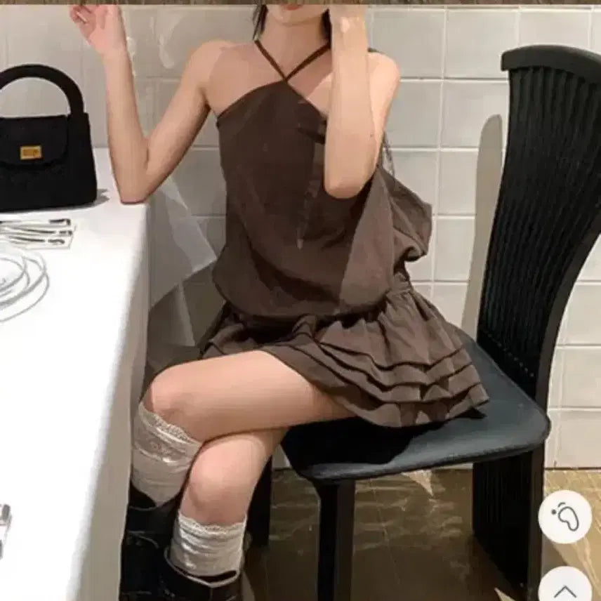 [BUNJANG] Balloon Halter Neck Frill Mini Dress / 벌룬 홀터넥 프릴 원피스 브라운