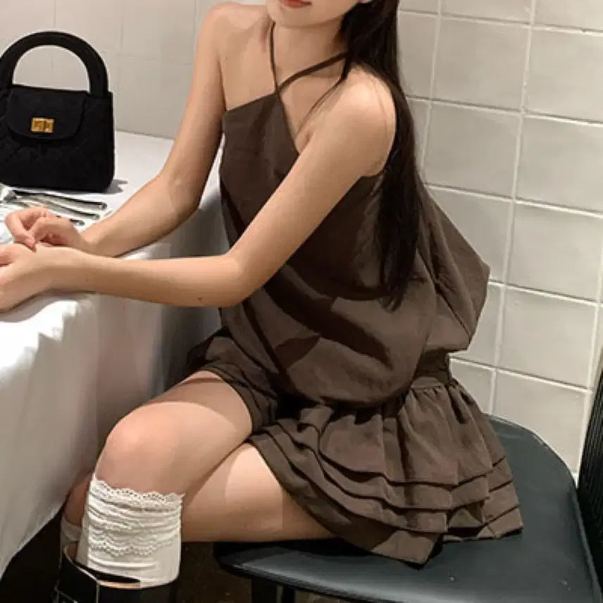 [BUNJANG] Balloon Halter Neck Frill Mini Dress / 벌룬 홀터넥 프릴 원피스 브라운