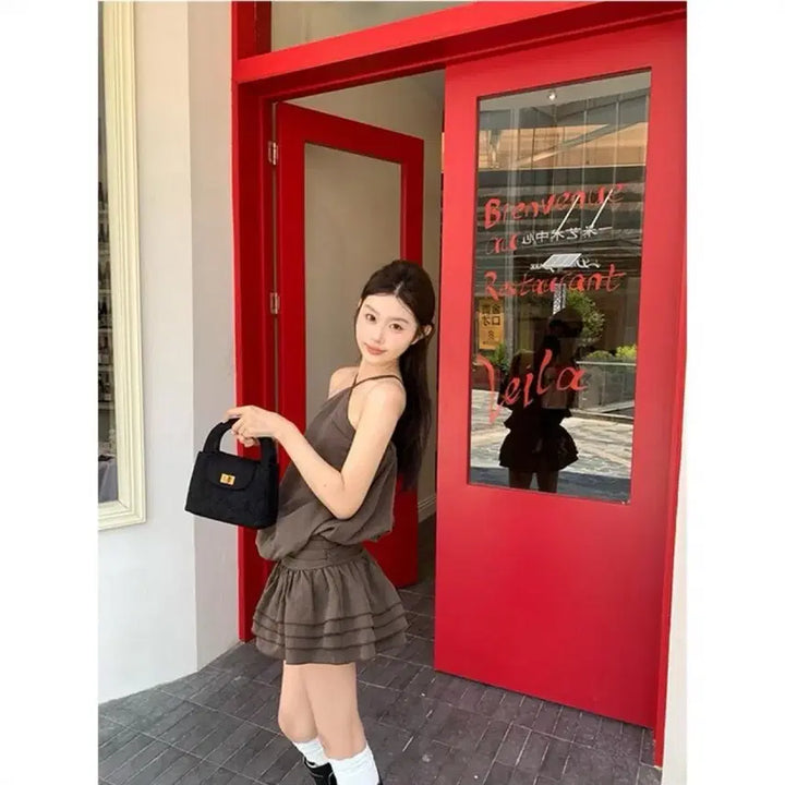 [BUNJANG] Balloon Halter Neck Frill Mini Dress / 벌룬 홀터넥 프릴 원피스 브라운