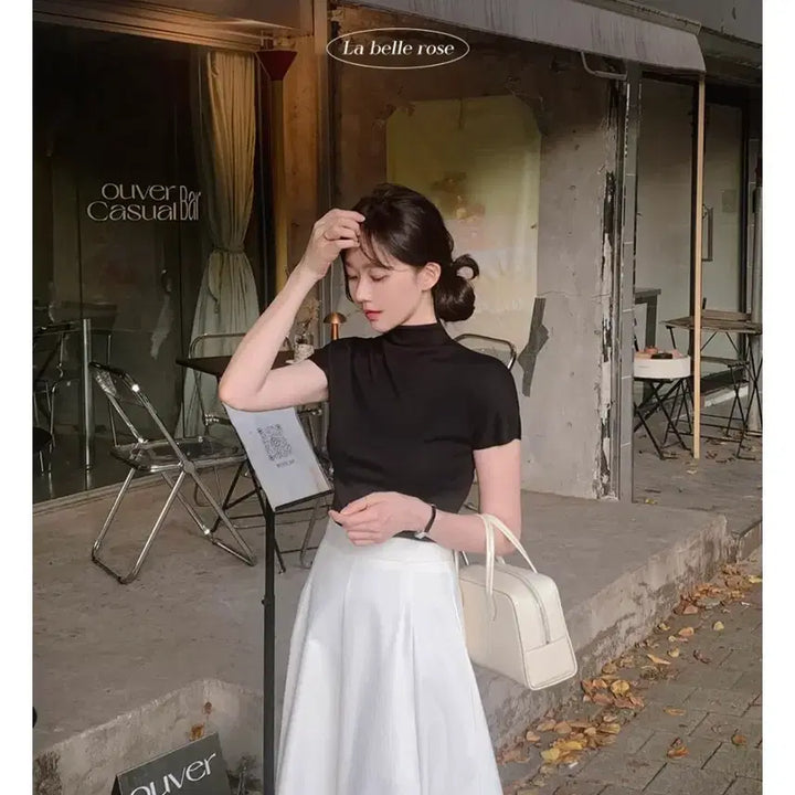 [BUNJANG] Fromwhen Sheer Half-Neck T-Shirt Black / 프롬데이원 쉬즈 여리 하프넥 티 블랙