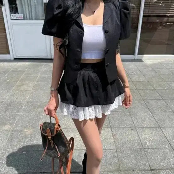 [BUNJANG] Black Short Sleeve Jacket &amp; Lace Skirt Set / 블랙 반팔 자켓 + 레이스 스커트 세트