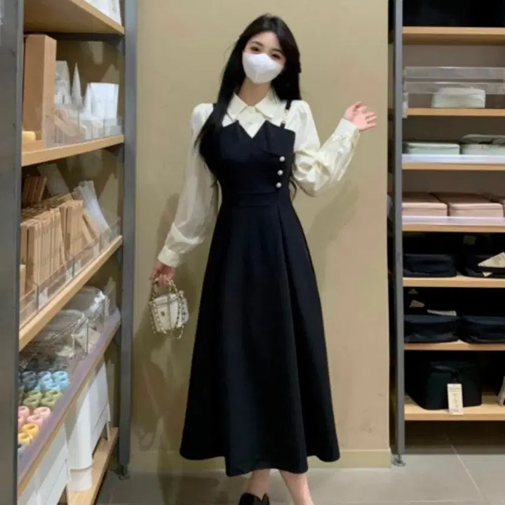 [BUNJANG] Black Long Layered Shirt Dress / 블랙 롱 원피스 셔츠 레이어드 세트
