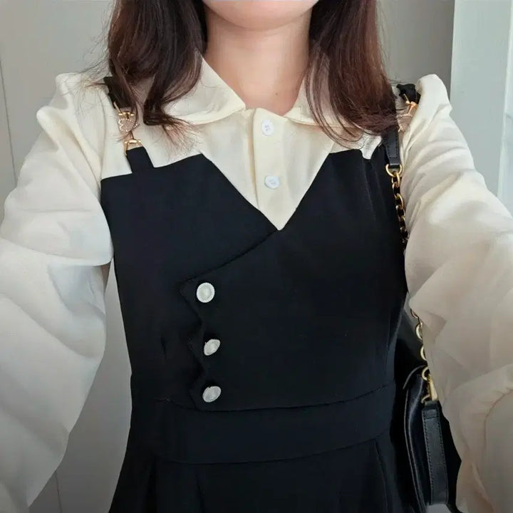 [BUNJANG] Black Long Layered Shirt Dress / 블랙 롱 원피스 셔츠 레이어드 세트