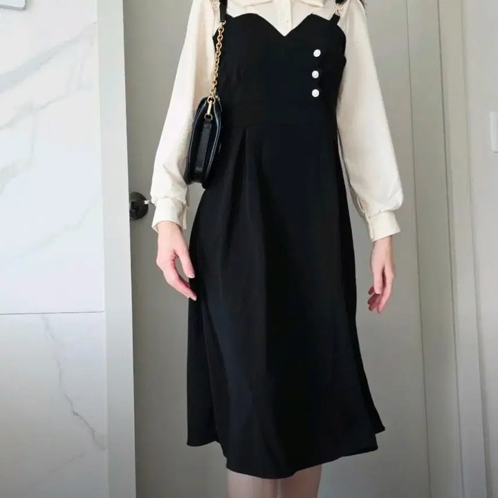 [BUNJANG] Black Long Layered Shirt Dress / 블랙 롱 원피스 셔츠 레이어드 세트