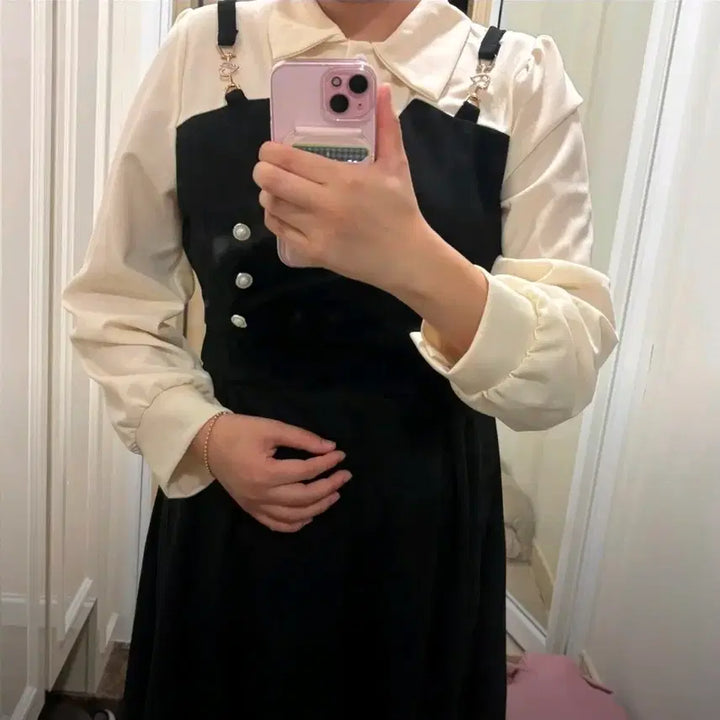 [BUNJANG] Black Long Layered Shirt Dress / 블랙 롱 원피스 셔츠 레이어드 세트