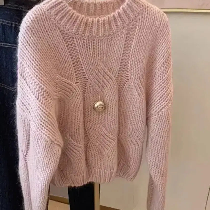 [BUNJANG] Pink Cable Knit Sweater (M) / 핑크 꽈배기 니트 스웨터M미개봉