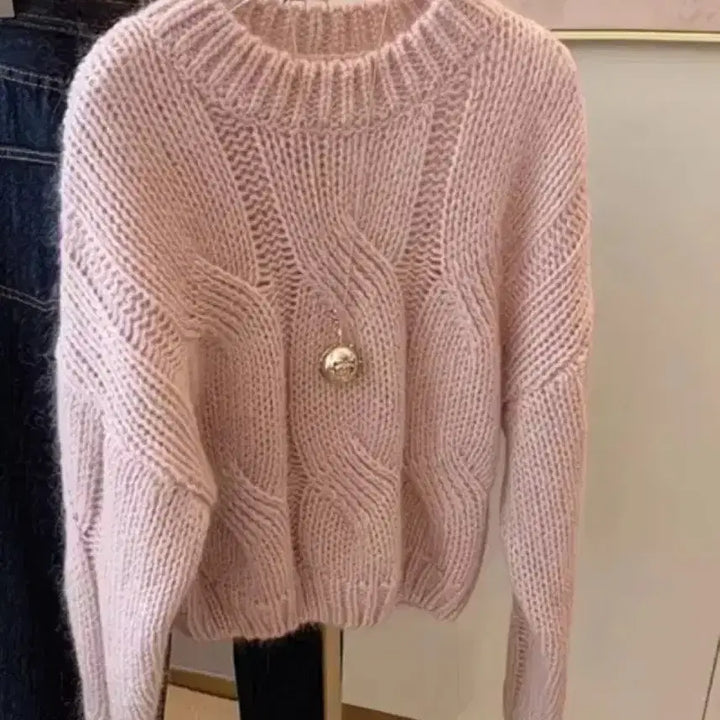 [BUNJANG] Pink Cable Knit Sweater (M) / 핑크 꽈배기 니트 스웨터M미개봉