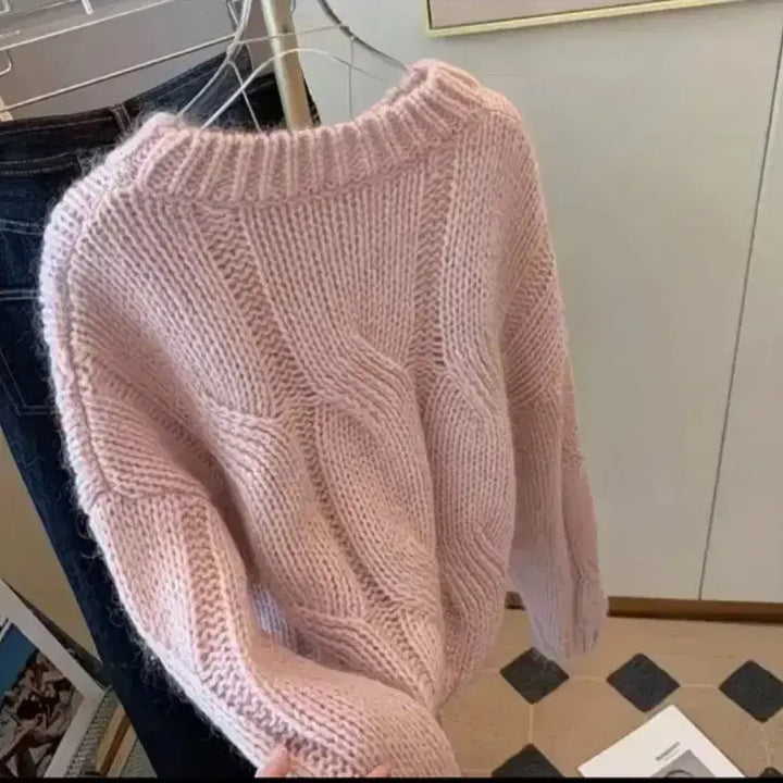 [BUNJANG] Pink Cable Knit Sweater (M) / 핑크 꽈배기 니트 스웨터M미개봉