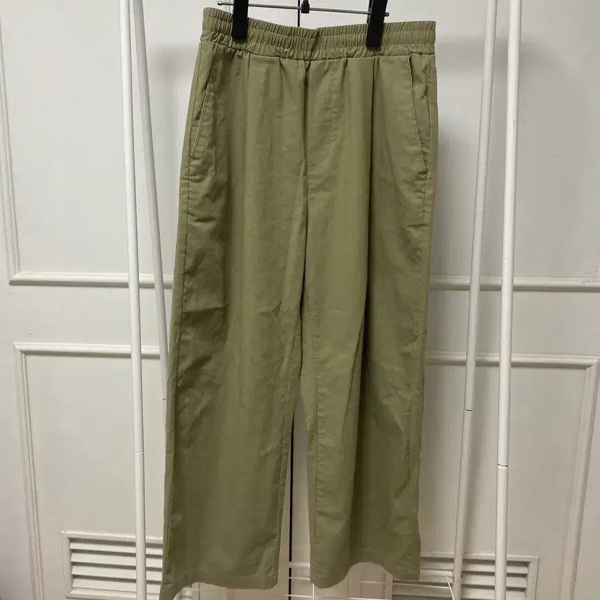 [BUNJANG] Lafayette Store Wide Cotton Linen Pants Khaki / 라퍼지스토어 와이드 팬츠 코튼 린넨 면 바지 카키 밴딩 리본