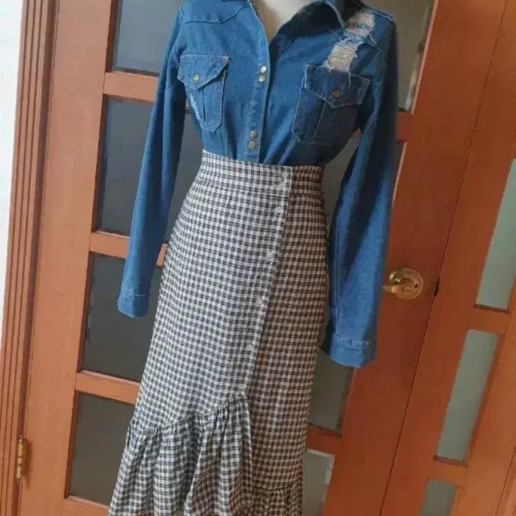 [BUNJANG] Unbalanced Frill Check Long Skirt / (새제품)언발 프릴 체크 롱스커트