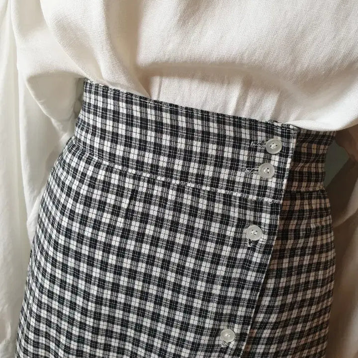 [BUNJANG] Unbalanced Frill Check Long Skirt / (새제품)언발 프릴 체크 롱스커트