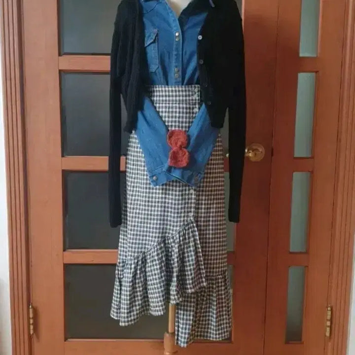 [BUNJANG] Unbalanced Frill Check Long Skirt / (새제품)언발 프릴 체크 롱스커트