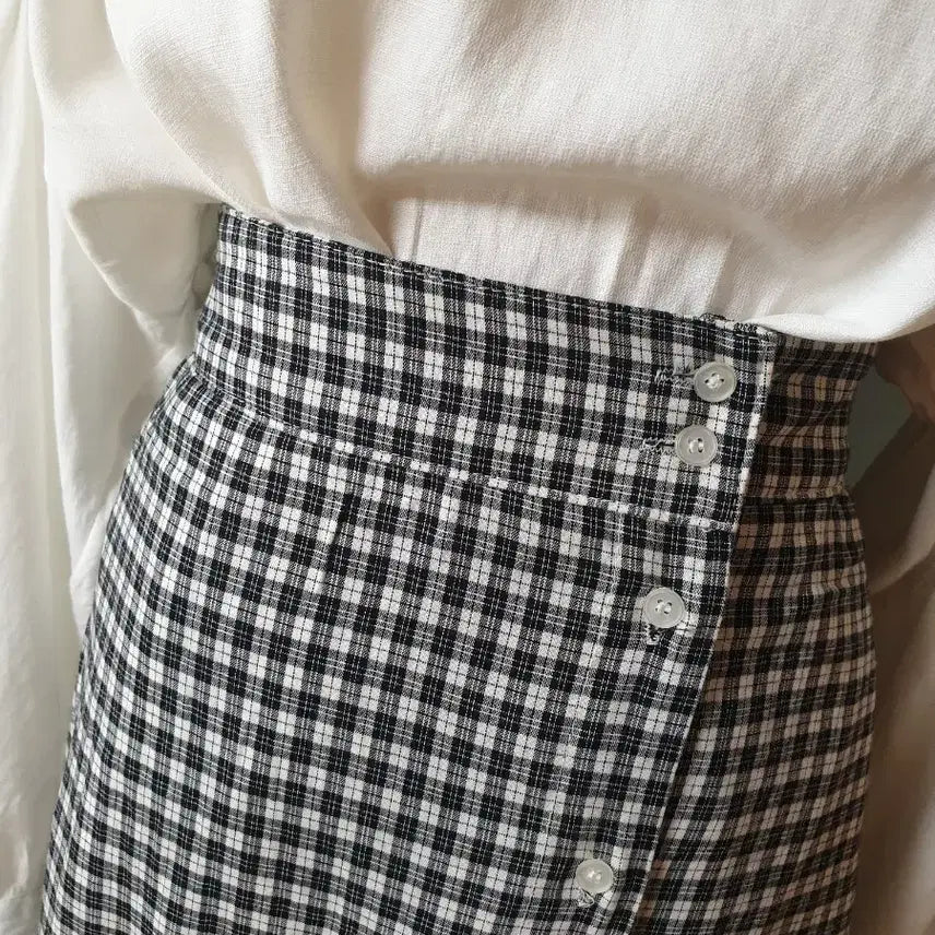 [BUNJANG] Unbalanced Frill Check Long Skirt / (새제품)언발 프릴 체크 롱스커트