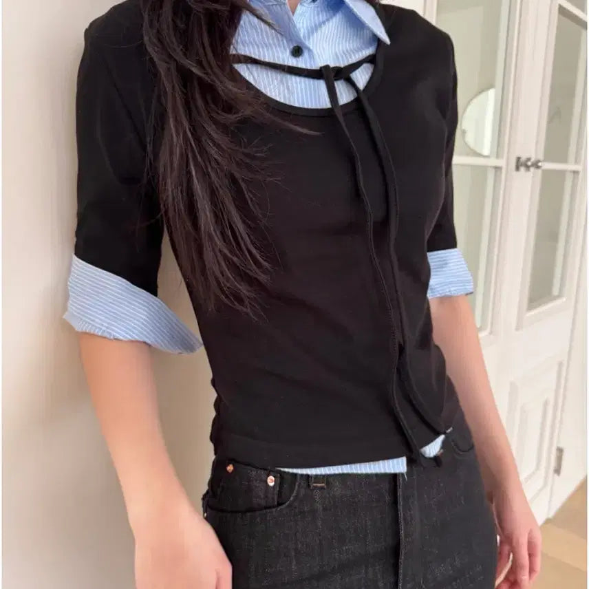 [BUNJANG] Unspecified Layered Shirt Set / 7부 셔츠 + 레이어드티 세트