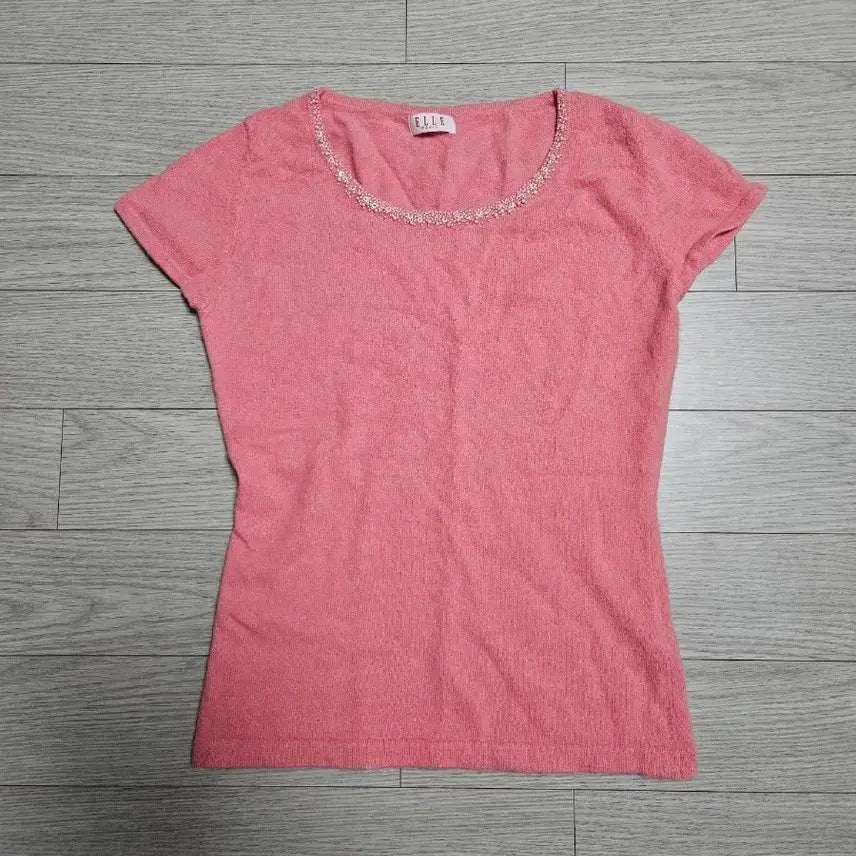 [BUNJANG] Elle Pink Angora Beaded Sequin Short Sleeve Knit Top / (44~55)엘르 비즈 스팽글 핑크 앙고라 반팔 니트