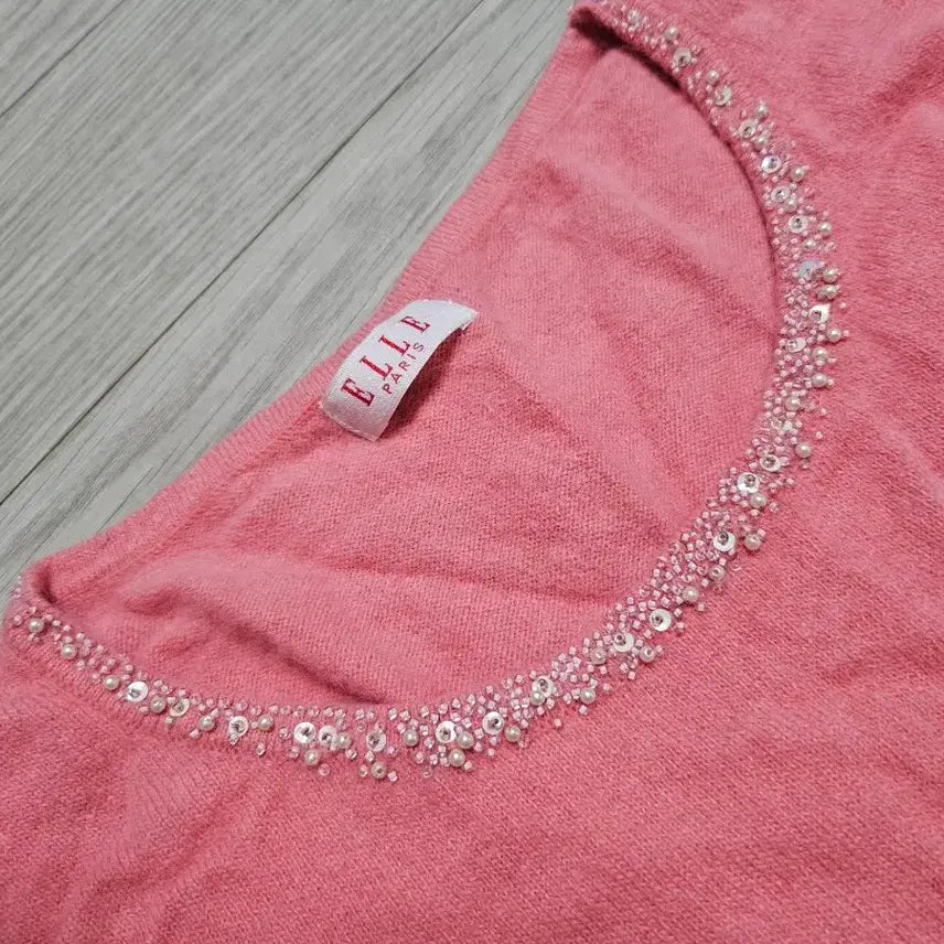 [BUNJANG] Elle Pink Angora Beaded Sequin Short Sleeve Knit Top / (44~55)엘르 비즈 스팽글 핑크 앙고라 반팔 니트