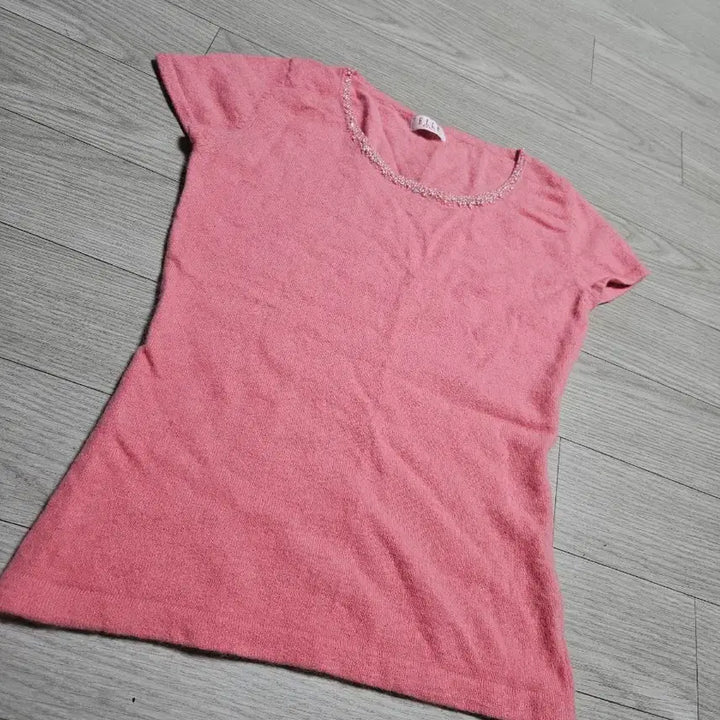 [BUNJANG] Elle Pink Angora Beaded Sequin Short Sleeve Knit Top / (44~55)엘르 비즈 스팽글 핑크 앙고라 반팔 니트