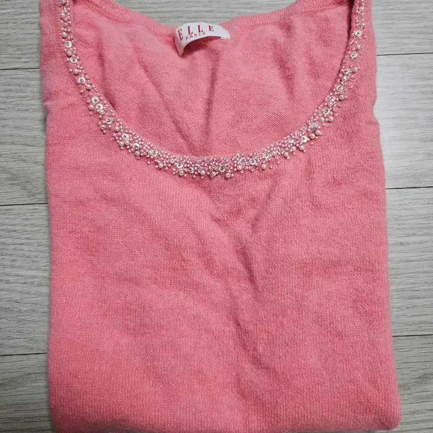 [BUNJANG] Elle Pink Angora Beaded Sequin Short Sleeve Knit Top / (44~55)엘르 비즈 스팽글 핑크 앙고라 반팔 니트