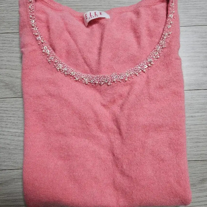 [BUNJANG] Elle Pink Angora Beaded Sequin Short Sleeve Knit Top / (44~55)엘르 비즈 스팽글 핑크 앙고라 반팔 니트