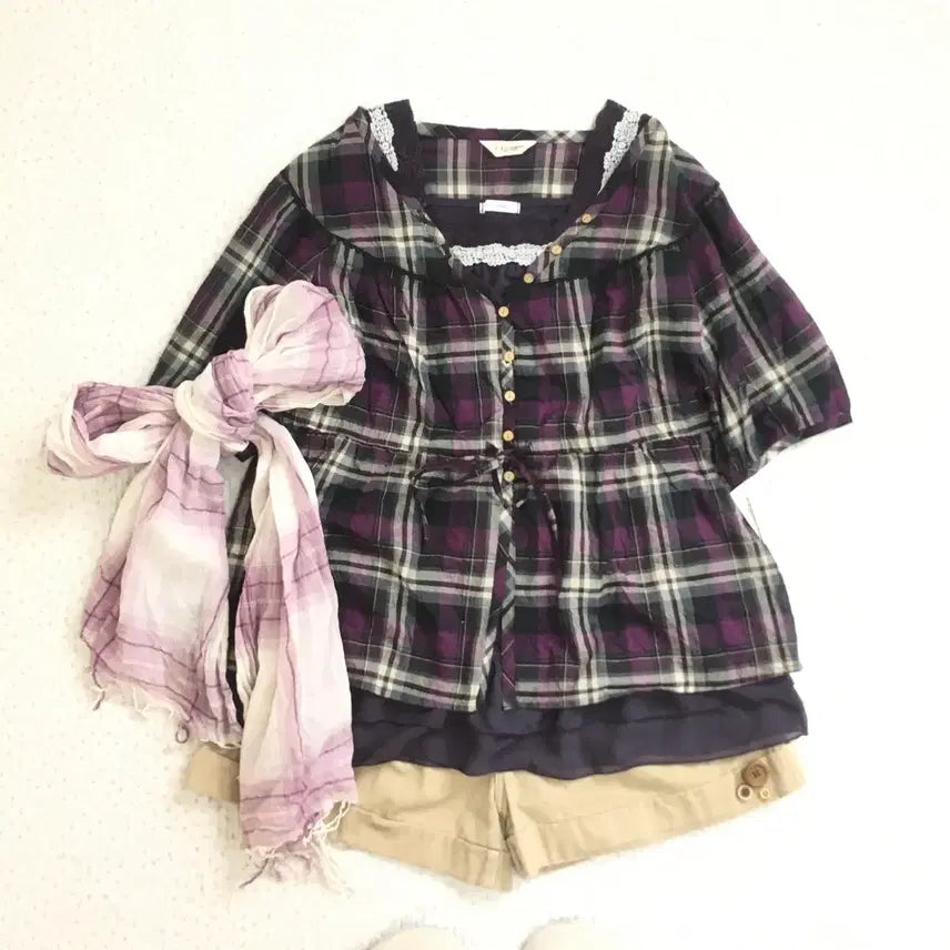 [SOLD OUT] JPN/체크 셔츠 블라우스 모리걸체크블라우스 모리룩체크블라우스