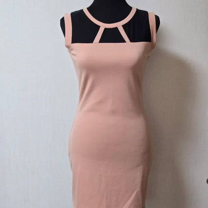[BUNJANG] Skin Beige See-through Sleeveless Dress / 새상품 블랙 시스루 배색  민소매 원피스 살구색