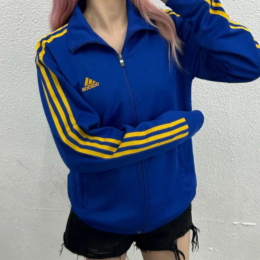 [BUNJANG] Adidas Essentials Yellow Line Blue Track Top 100 / 아디다스 에센셜 옐로우라인 블루 트랙탑 100