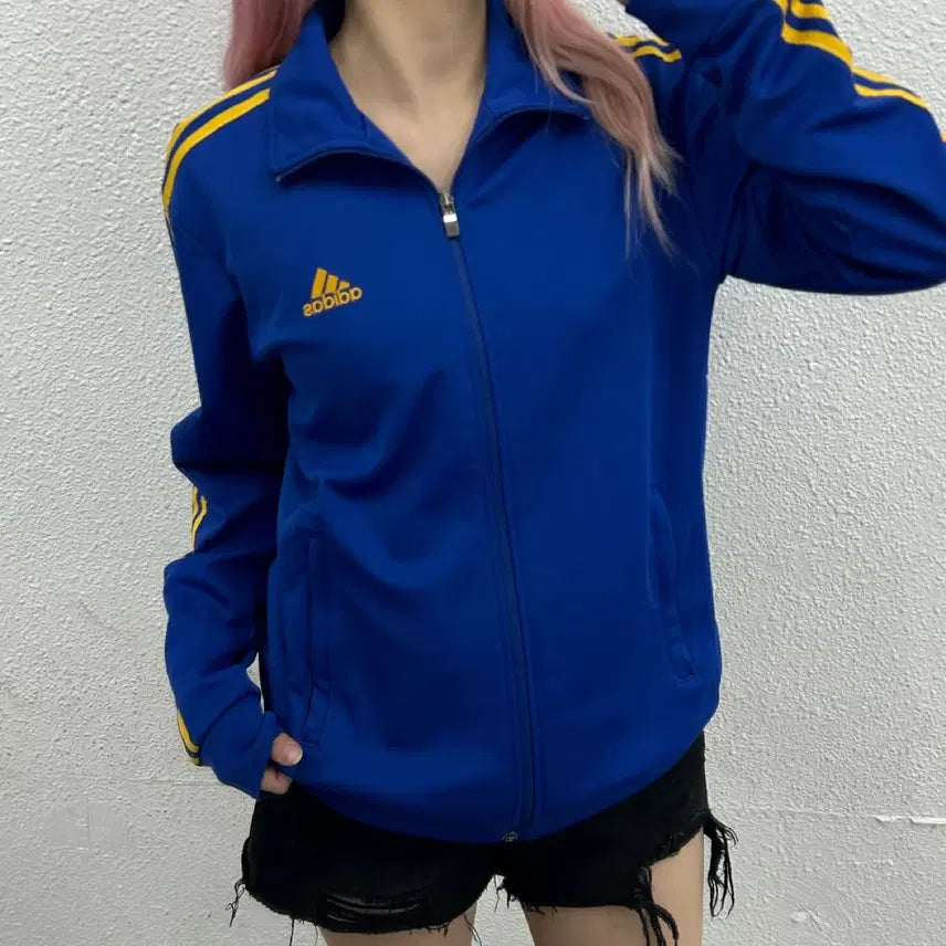 [BUNJANG] Adidas Essentials Yellow Line Blue Track Top 100 / 아디다스 에센셜 옐로우라인 블루 트랙탑 100