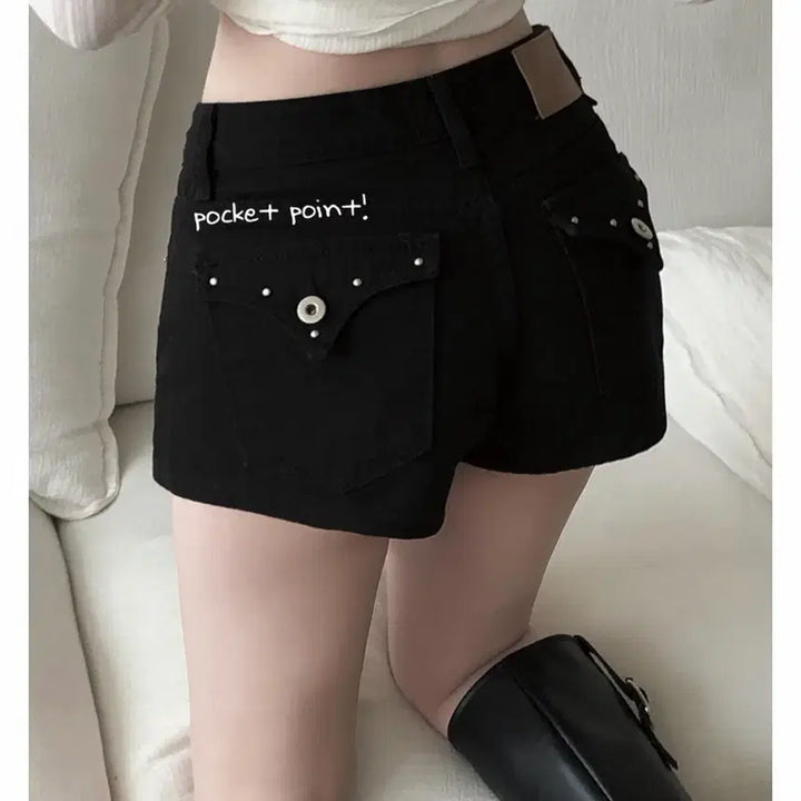 [BUNJANG] Black Denim Studded A-Line Shorts / 블랙데님 힙포켓 A라인 스터드 숏팬츠 M
