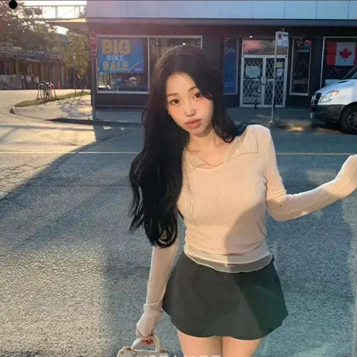 [BUNJANG] Young &amp; Rich Ivy See-through Lace Collar Layered Crop Knit Top / 영앤리치 아이비 시스루 레이스 카라 레이어드 골지 크롭 긴팔 티셔츠 니트