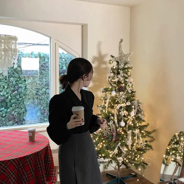 [BUNJANG] Sonn-yeo Recipe Eve Shirring Big Collar Blouse - Black / 하객룩 소녀레시피 이브 셔링 빅카라 블라우스 블랙