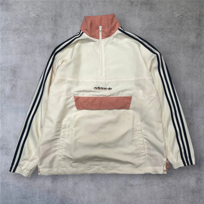 [SOLD OUT] 아디다스 Adidas 아이보리 핑크 반집업 아노락 웜업 자켓 L
