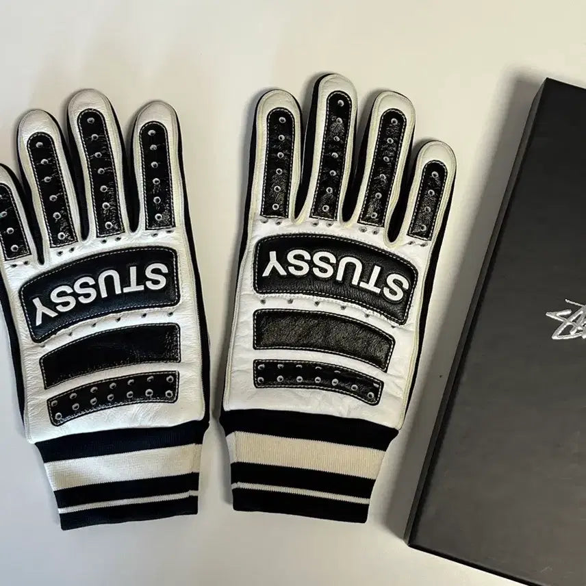 [BUNJANG] Stussy Leather Bike Gloves Black White L/XL / 스투시 레더 바이크 글러브 블랙 화이트 L/XL
