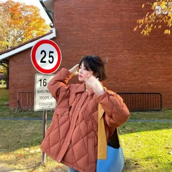 [BUNJANG] Imvely Brown Quilted Padded Jumper / 임블리 브라운 퀼팅 패딩 점퍼