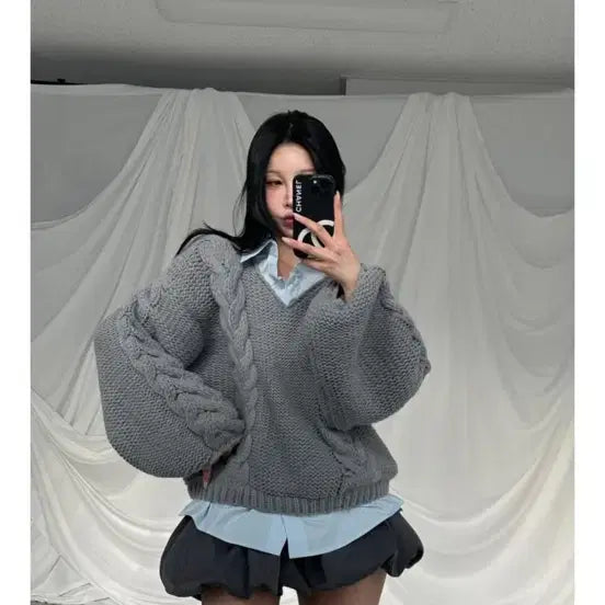 [SOLD OUT] 새상품) 애즈포썬 꽈배기 카라 레이어드 니트 스웨터 그레이