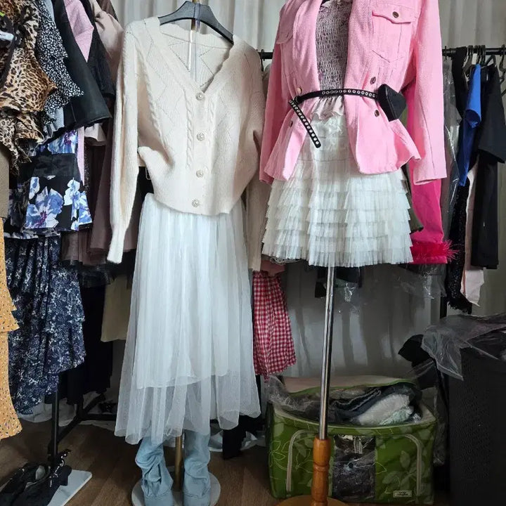 [BUNJANG] Ivory Pearl Button Knit Cardigan / 아이보리 진주 버튼 니트 가디건 스커트 세트