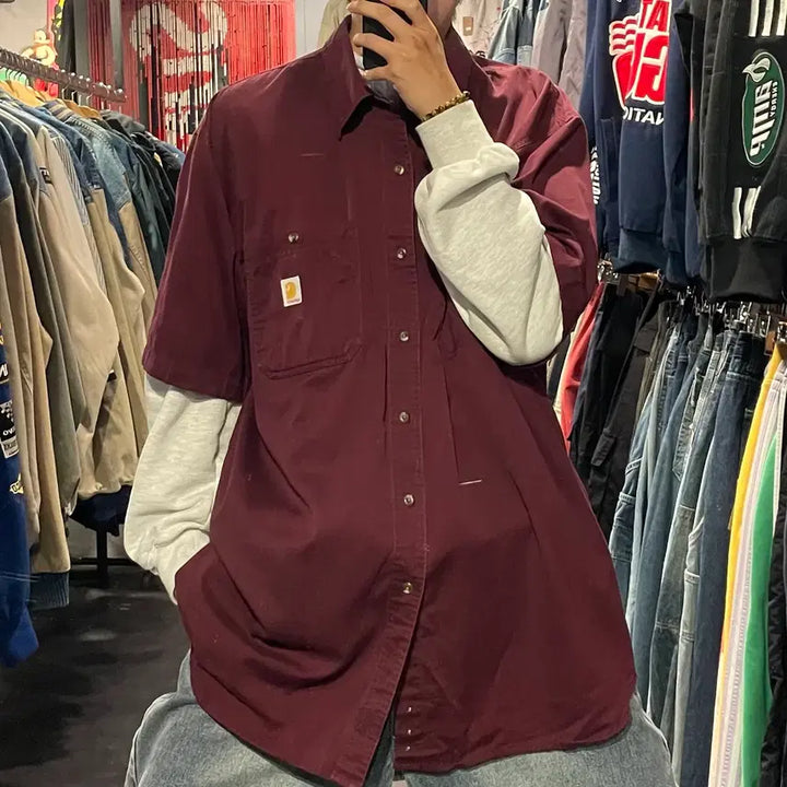 [BUNJANG] Carhartt Burgundy Short Sleeve Shirt / [IM] carhartt 칼하트 버건디 반팔셔츠