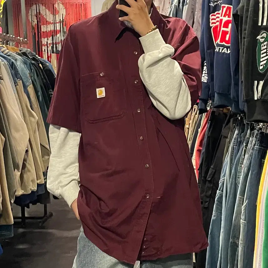 [BUNJANG] Carhartt Burgundy Short Sleeve Shirt / [IM] carhartt 칼하트 버건디 반팔셔츠
